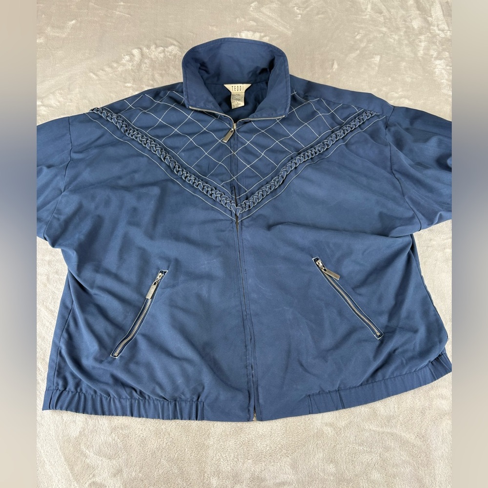 Vintage 80s 90s Teddi Women’s Blue Cropped Jacket Size L Quilted Chain Detail - Picture 2 of 9